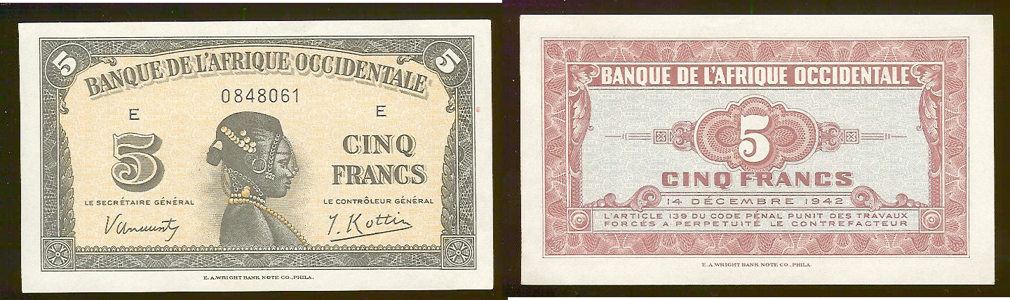 French West Africa 5 francs 1942 Unc